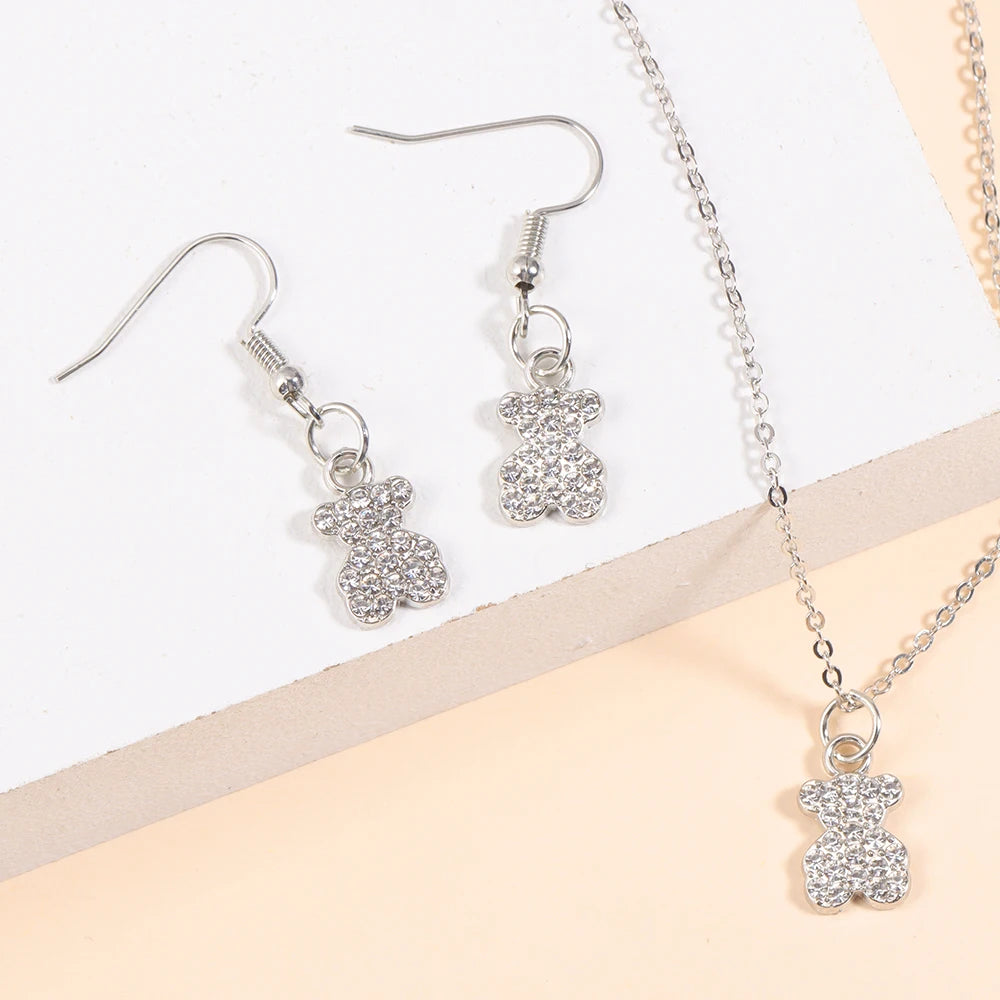 Gold/Silver Color Jewelry Set Luxury Shining Zircon Bear Crown Planet Earrings Necklace Sets For Party Anniversary Exquisite Gif