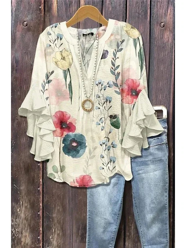 Women's Boho Floral Blouse Ruffle Sleeve Casual Loose Fit Soft Fabric Elegant Shirt for Vacation