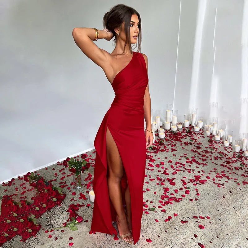Sexy One Shoulder Satin Long Dress For Women Summer Sleeveless High Split Backless Party Evening Dresses Elegant Cocktail Dress