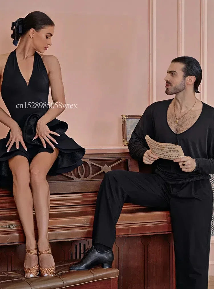 Black Latin Dance Dress Women's Sexy Sleeveless Hanging Neck Dress Professional Latin Dance Match Burgundy Dress