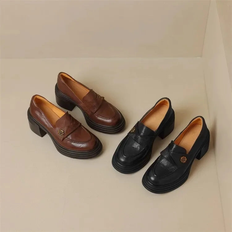Women High Heel Shoes 2025 Retro Spring Autumn Performance Causal Women's Loafers Fashion Versatile Pumps Ladies Leather Shoes