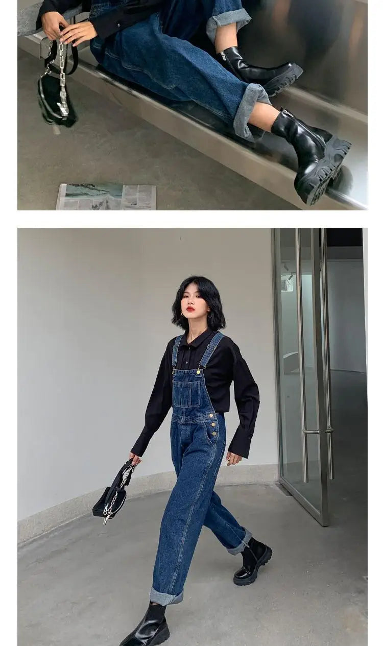 Jumpsuits Women Dark Blue Vintage Streetwear Harajuku Casual Fashion High Waist Loose Overalls Ulzzang Denim Suspenders Trousers