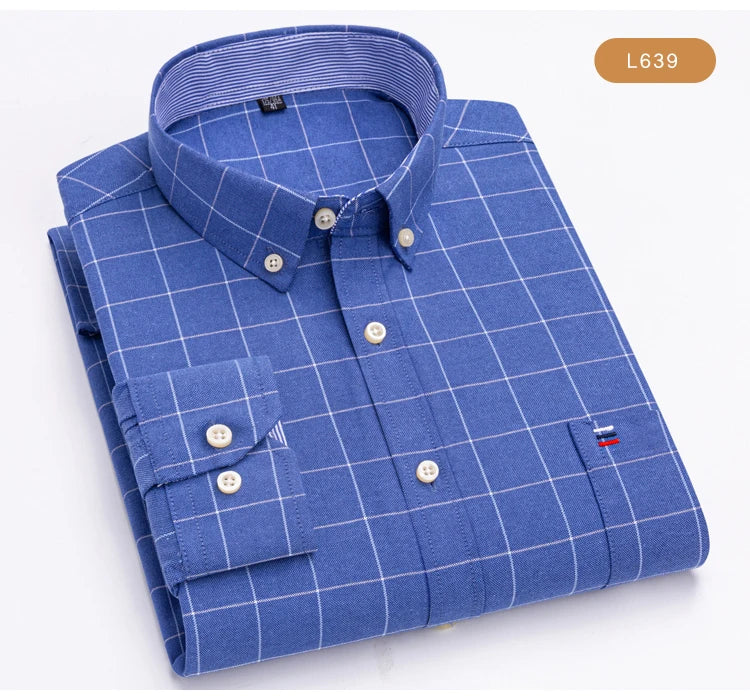 Men's Oxford Long Sleeve Shirt 100% Cotton Wrinkle Resistant & Breathable, Solid Plaid Striped Comfort Casual Button-down Shirts