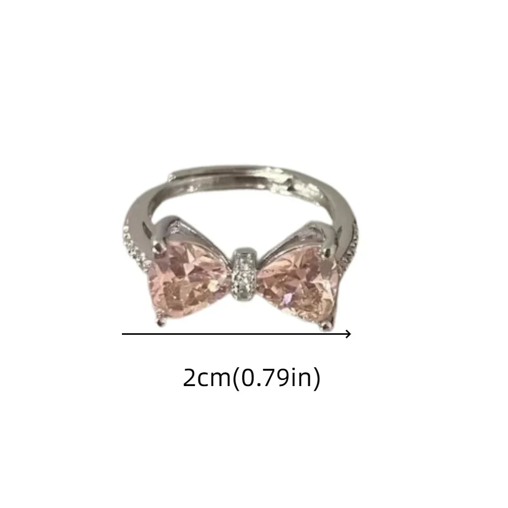 2pcs Set Fashion Bowknot Necklace Rings Set Crystal Bow Knot Pendant Necklaces Adjustable Bow Rings Fairy Shiny Pink Jewelry