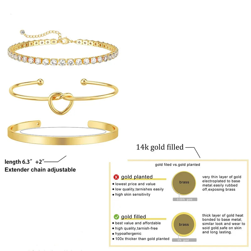 3pcs Stainless Steel Gold Plated Bracelets for Women Adjustable Jewelry Gifts Luxury Zircon Chain Bangles Jewelry Accessories