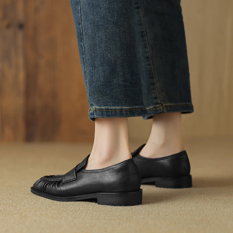 Women Shoes Spring Simple Shoes Soft Flats Slip On Girl Pleated Footwear Handmade Round Toe Genuine Leather Cozy Vintage Shoes