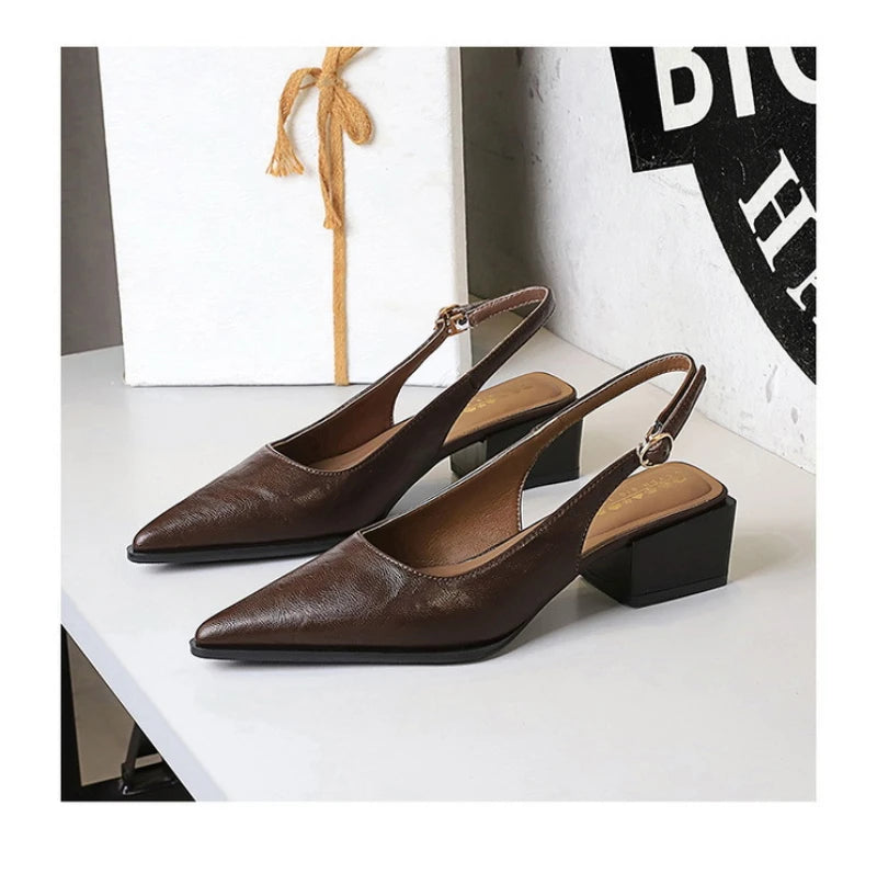 Simple And High-End Women's Shoes With Thick Heels Shallow Mouth Pointed Toe Slim Pedicures With Empty Back Tripping Mid-Heeled