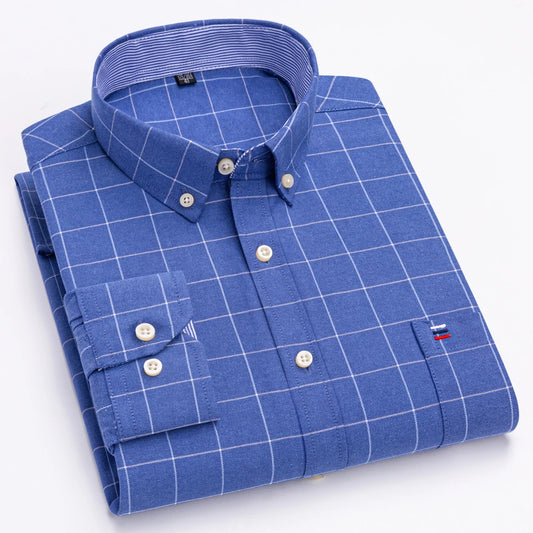 Men's Oxford Long Sleeve Shirt 100% Cotton Wrinkle Resistant & Breathable, Solid Plaid Striped Comfort Casual Button-down Shirts