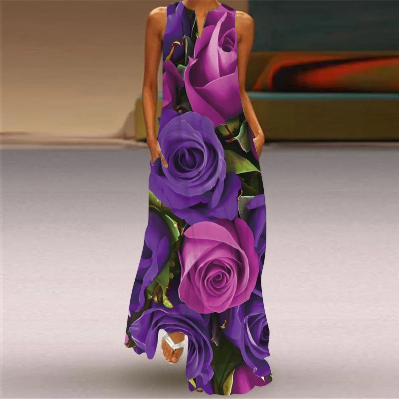 Elegant Dresses for Woman 3D Printed Dresses Summer Sleeveless V-Neck Long Dress Ladies Casual Elegant Beach Party Maxi Dresses