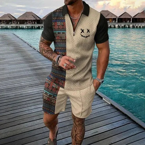 Men's Polo Tracksuit Set Summer Fashion Men Short Sleeve Zipper Polo Shirt&Shorts Set for Men Casual Streetwear 2 Piece Suit