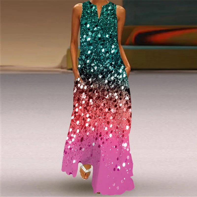 Elegant Dresses for Woman 3D Printed Dresses Summer Sleeveless V-Neck Long Dress Ladies Casual Elegant Beach Party Maxi Dresses