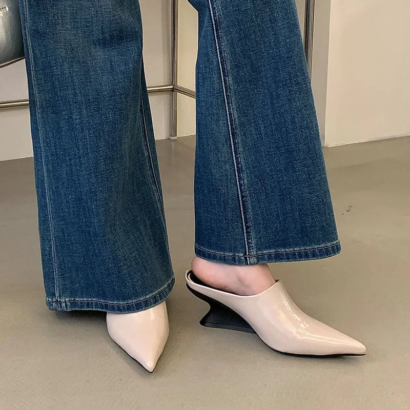 New Women Mules Wedges Shoes Female Pumps Slippers Fashion Pointed Toe Ladies Heeled Slides Slippers Sandals Wedges Shoes