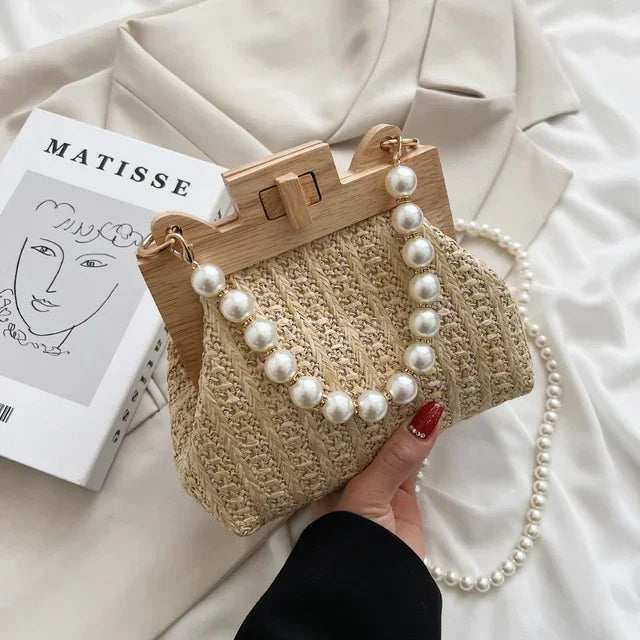 Fashion Weave Straw Shoulder Bag for Women New Summer Wooden Top Handle Clip Bag Luxury Designer Handbags Trend Female Handbag