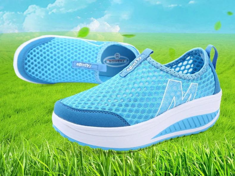 Women Mesh Flat Shoes Sneakers Women Swing Wedge Hollowed Out Slip-on Shoes Women Platform Breathable Lightweigt Vulcanization