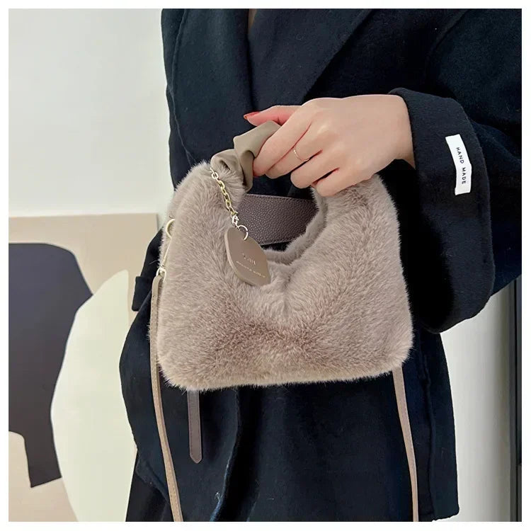 Women Faux Fur Plush Handbags Ruched Handle Small Lady Shoulder Crossbody Bag Casual Tote Half-Moon Hobos Winter Bags for Women