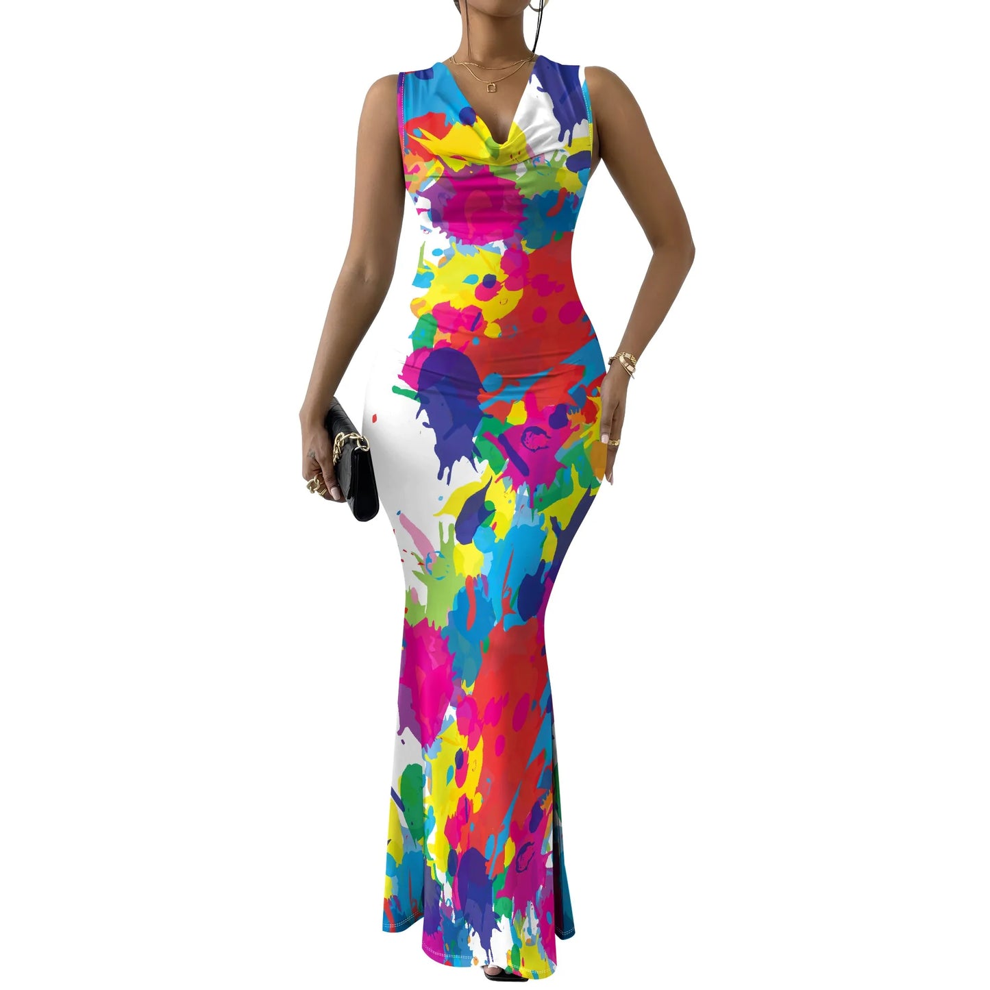 Womens Sexy Casual Dresses Colorful Geometric Off-Shoulder Maxi Dress  Artistic Party Evening Resortwear Swing Neck Dress
