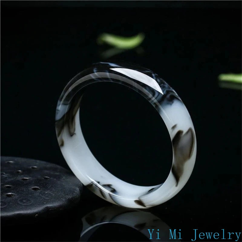 Natural Hetian Jade Bracelet Black White Flowers Charm Fashion Retro Fine Jewelry Elegant Girl Couple Luxury Bangle Holiday Gift