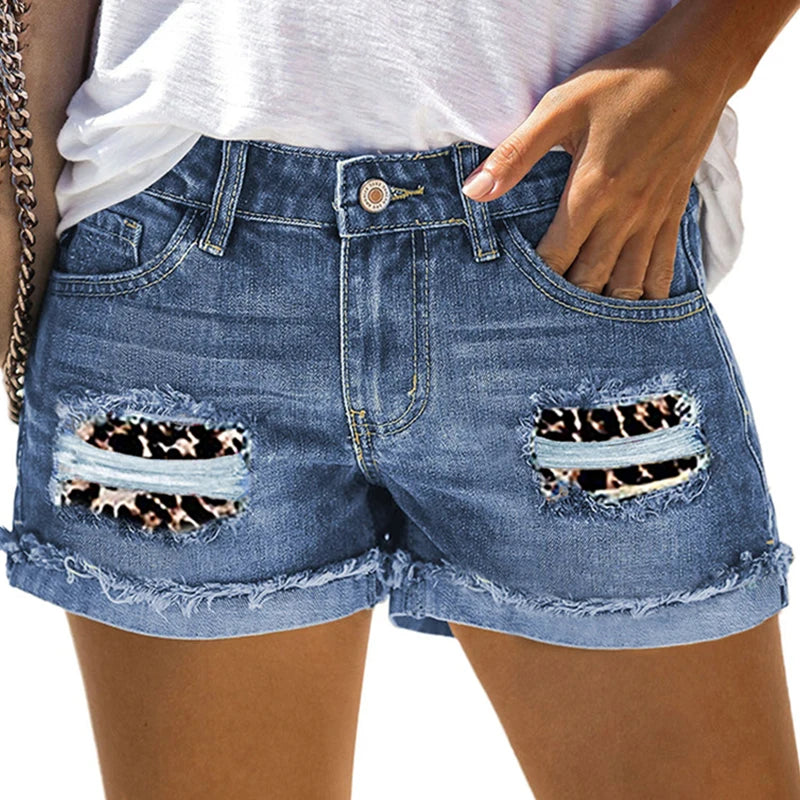 Fashion Leopard Ripped Women Jean Shorts Summer Stylish Roll Up Hem Denim Hot Pants Streetwear Raw Edge Female Super Short Pants