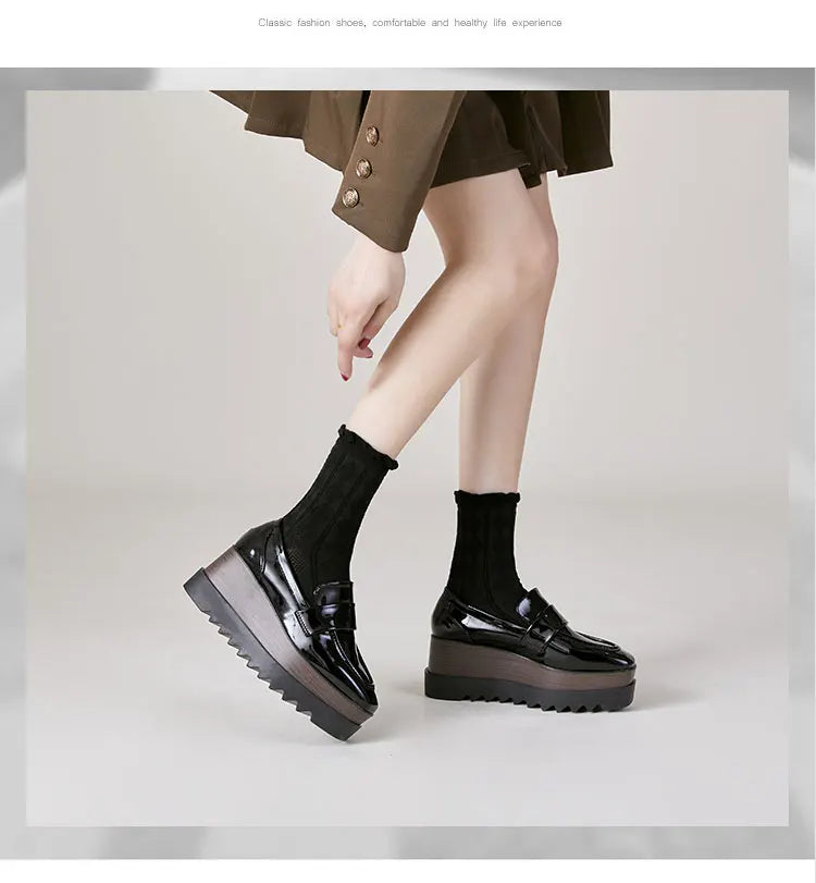8cm Heeled Platform Wedges Shoes Womens High Heels Casual Lazy Shoes Square Toe Wedge Creepers Pumps Damen Black