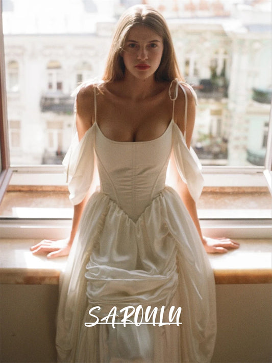 Modern Satin Wedding Dress Ballet Waistline Vintage Royal Style Custom Bridal Gown Spaghetti Straps Bride Dresses Off-shoulder
