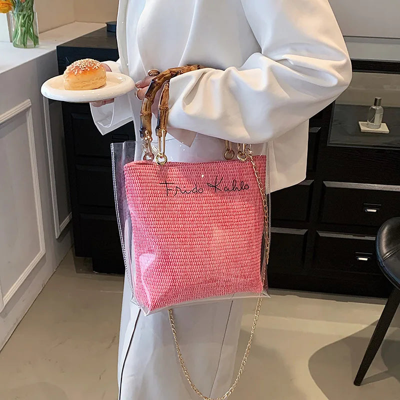 Large Capacity Women PVC Handbags High Quality Ladies Transparent Beach Tote Shoulder Messenger Bags Casual Chain Crossbody Bag