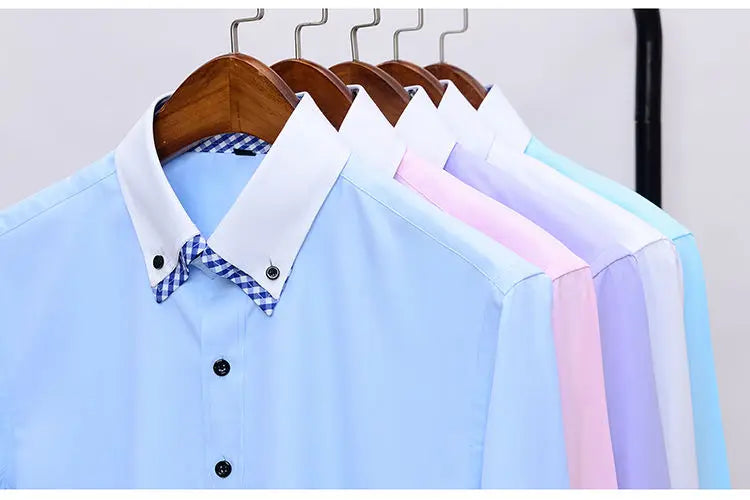 Mens Dress Shirt Long Sleeve Non Iron Fashion Double Layer Business Formal Regular Fit Office Camisa Social Solid Button Shirts