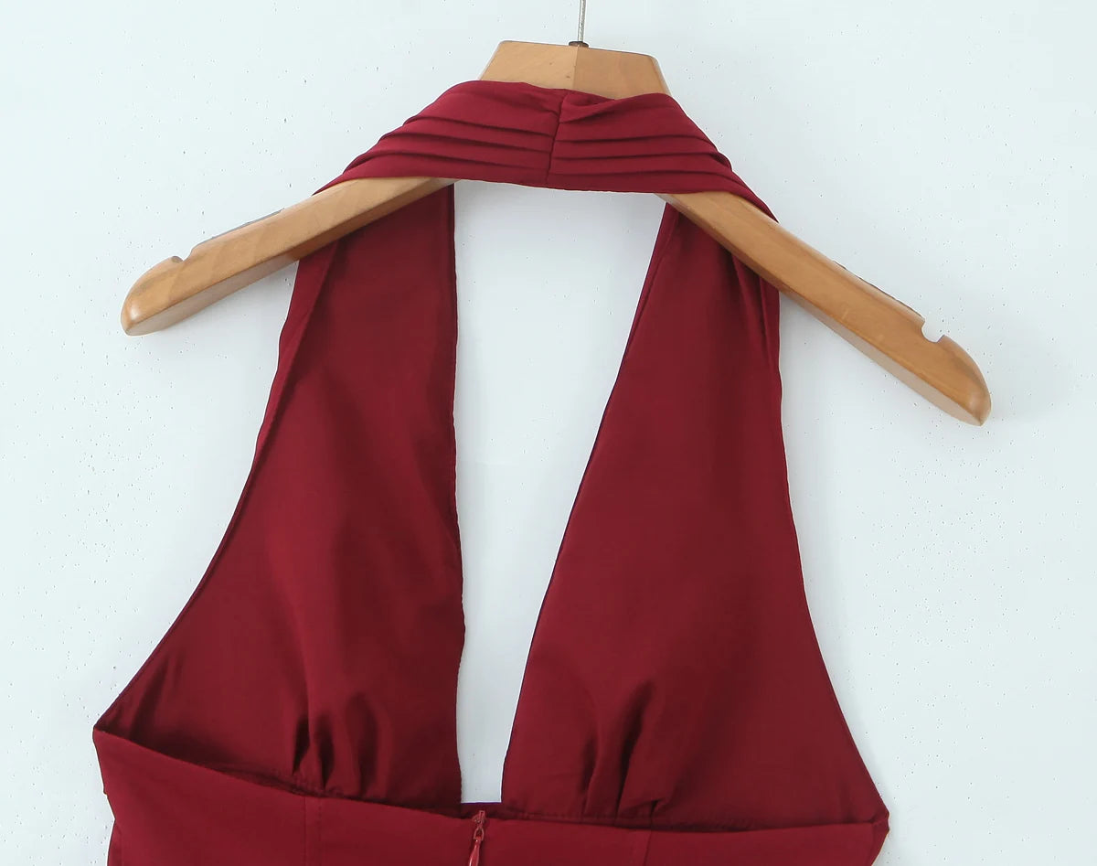 2025 Sexy Dark Red Pleated Ruched Halter Dress Women Deep V neck Slim Low Waist Swing Ball Gown Short Dresses Robe Vestidos