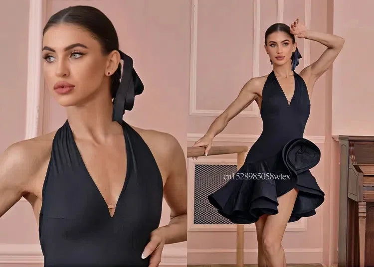 Black Latin Dance Dress Women's Sexy Sleeveless Hanging Neck Dress Professional Latin Dance Match Burgundy Dress
