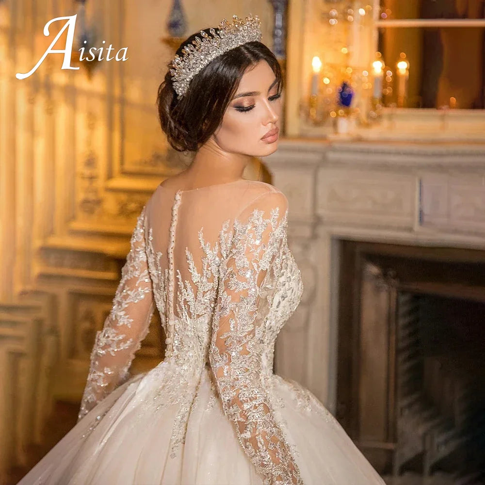 Customized Exquisite Wedding Dress Sheer O-Neck Lace Beaded Applique Illusion Long Sleeves A-Line Bride Dress Vestidos De Noiva