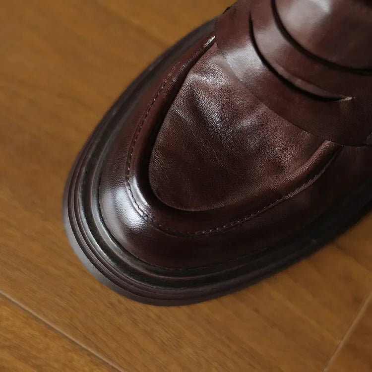 Women Chunky Heel Genuine Leather Wedge Shoes Woman Platform Pumps Female High Heel Zapatos Mujer Handmade thick sole Loafers