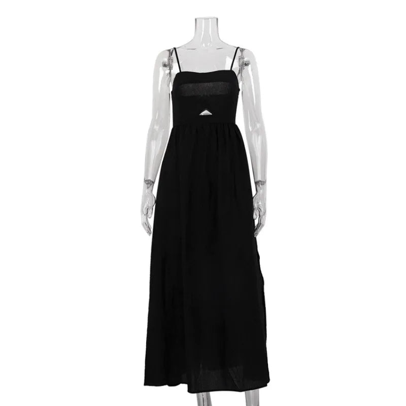 Sexy Black Corset Vacation Party Dress for Women Autumn Elegant Strap Backless Hollow Out Slit Cotton Holiday Long Dress