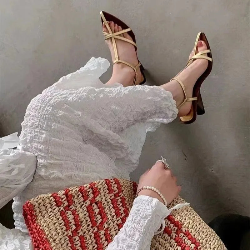 2025 New Women's High-heeled Sandals Summer High-heeled Shoes Luxury  Strap Slingback Feminine Wedding Sandals