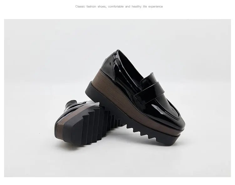 8cm Heeled Platform Wedges Shoes Womens High Heels Casual Lazy Shoes Square Toe Wedge Creepers Pumps Damen Black