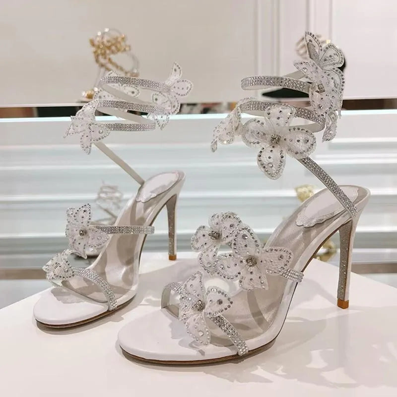 Sandalias Women Rhinestone Flower Decor Dress Shoes Snake Shaped Elastic Strap Thin High Heels Sandals Summer Bridesmaid Shoes