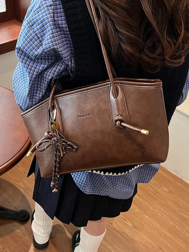Leather Shoulder Bag for Women with Pendant Hobo Bag Shoulder Tote Handbag Stylish Tote Bag for Daily Use