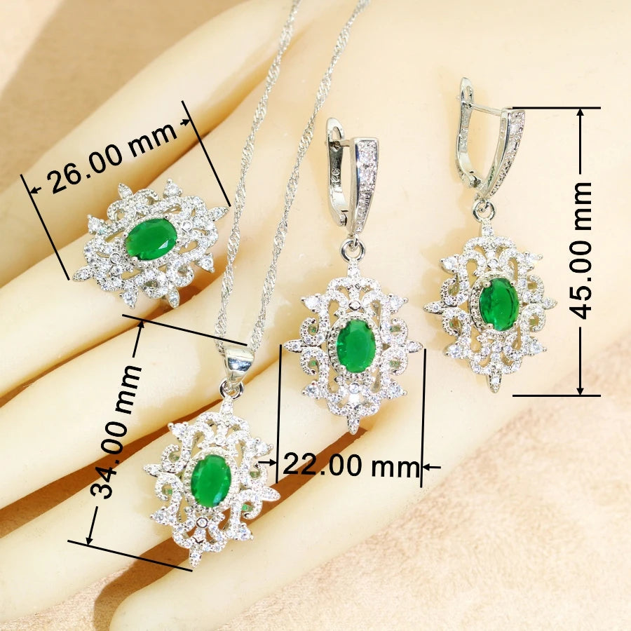 Bridal Jewelry Sets for Women Green Crystal Silver 925  Earrings Necklace Pendant Ring Wedding Gift
