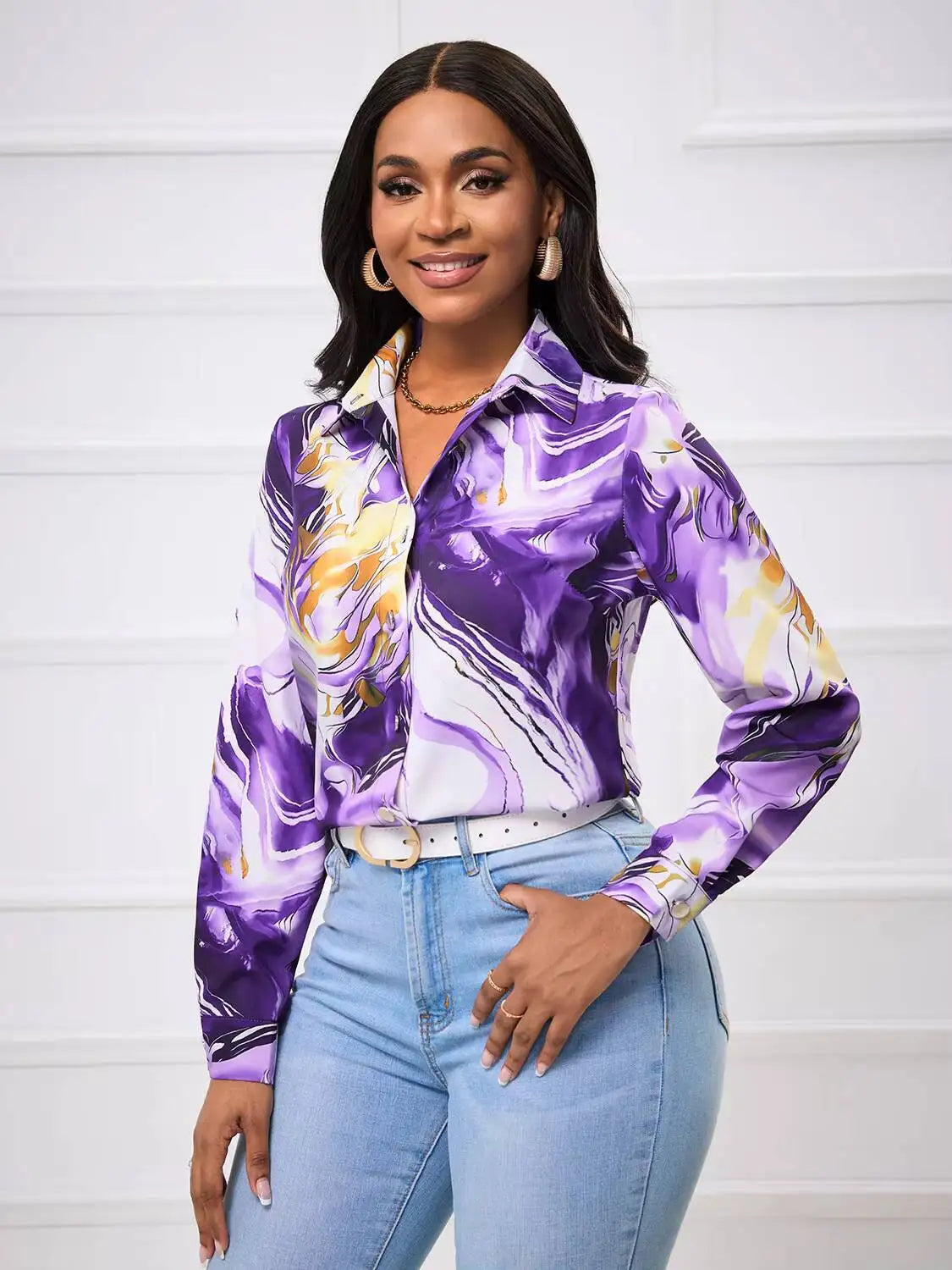 Women's Blouse Spring Summer Purple Gold Marble Print Collar Front Button Long Sleeve Satin Luxury Elegant Daily Office Top