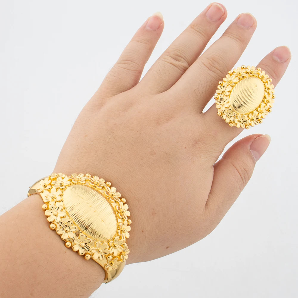 Brazilian Plated Bangle with Ring Jewelry for Ladies Exquisite Flower Design Hand Bracelet Finger Ring 2Pcs Set for Party
