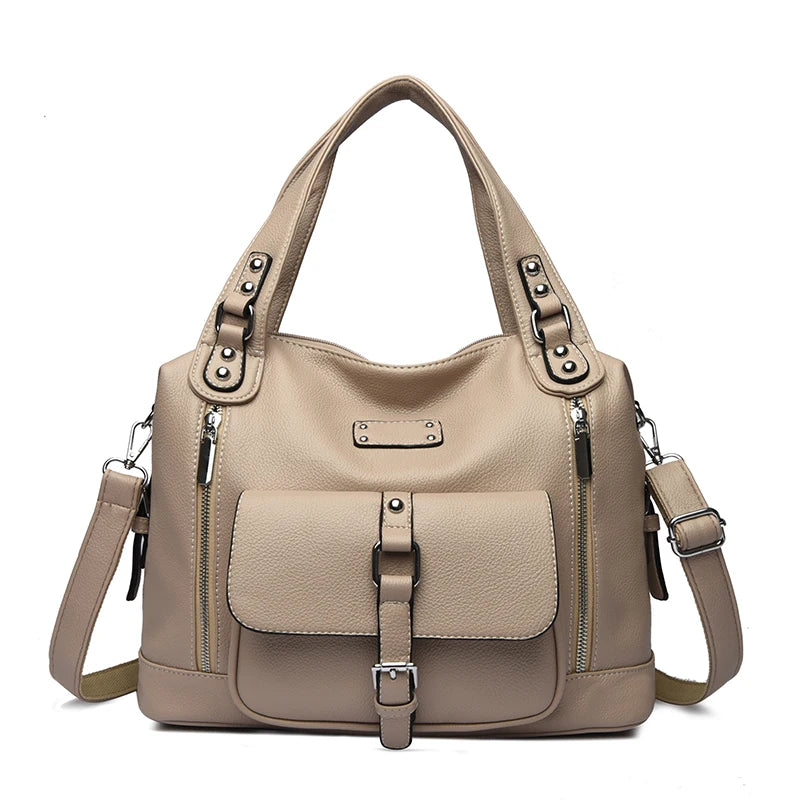 Women's Casual Tote Soft Leather Handbag Luxury Designer Shoulder Crossbody Hand Bag Ladies Shopping Sac Front Double Zipper