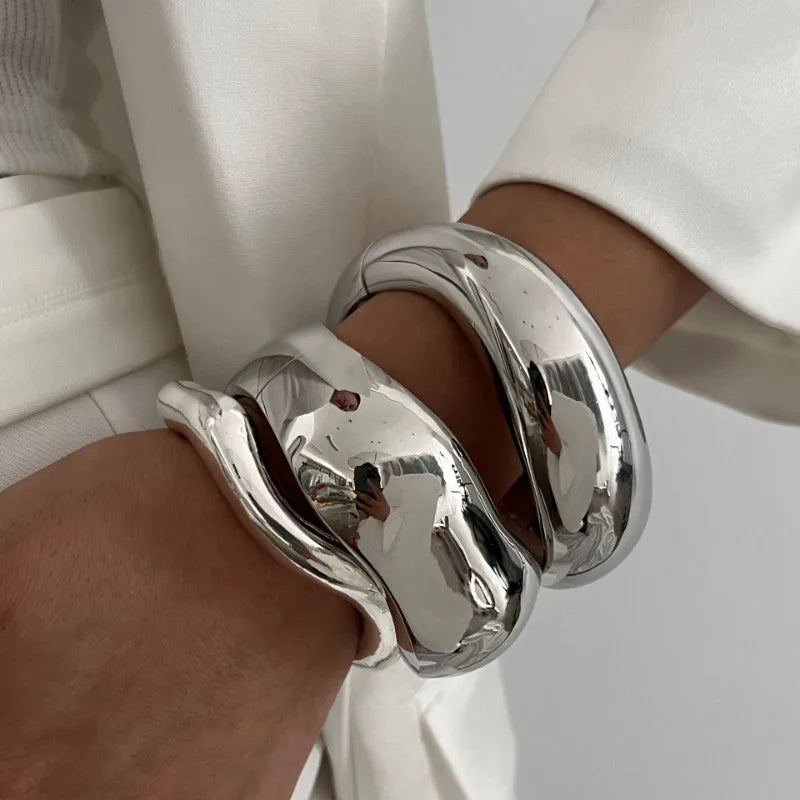 Wide Cuff Bangles Punk Gold Silver Color Geometric Metal Large Bangles for Women Bracelets Men Exaggerated Luxury Jewelry