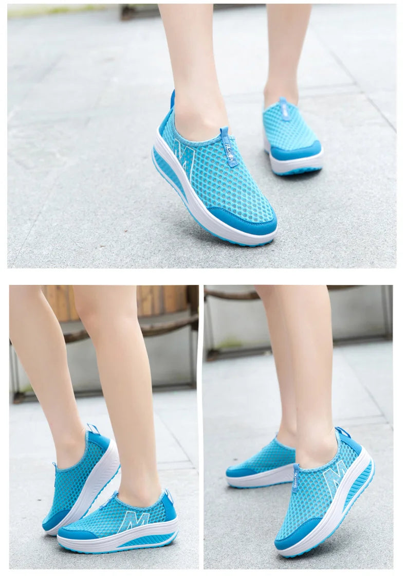 Women Mesh Flat Shoes Sneakers Women Swing Wedge Hollowed Out Slip-on Shoes Women Platform Breathable Lightweigt Vulcanization