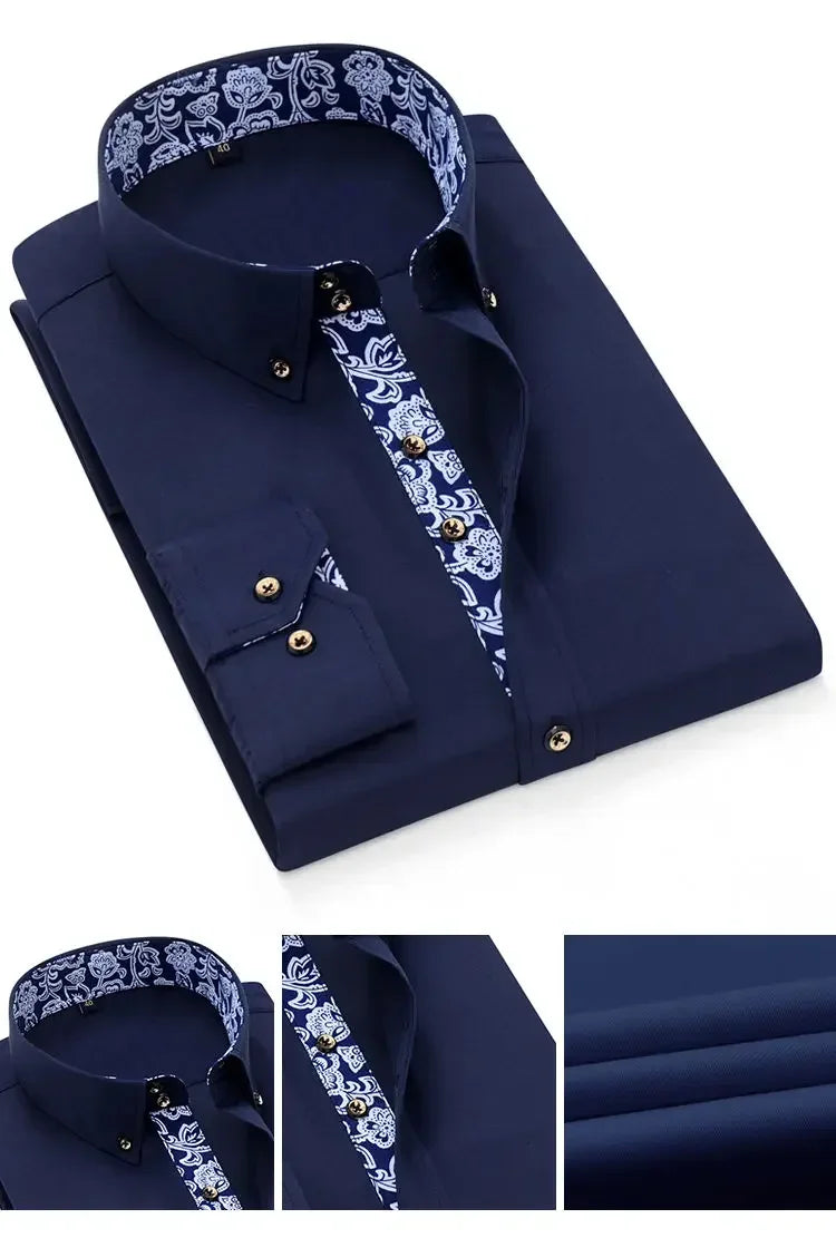Men's Cotton Shirt Formal Business Collar Dress Shirts Long sleeve Spring Autumn Casual Wear Slim Fit Social Black Blue White