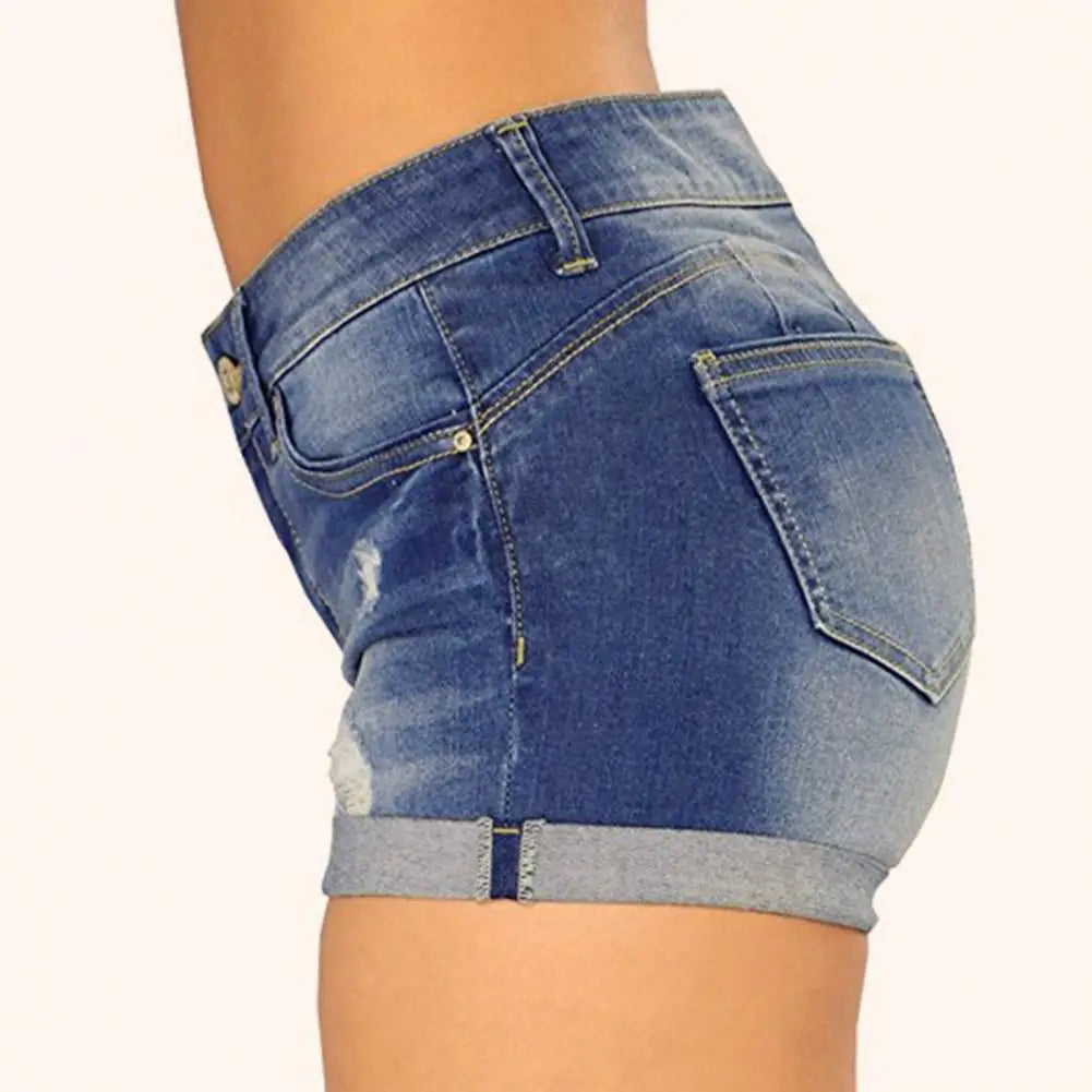 Denim Shorts Women 2023 Jeans Ripped Mid Waist Solid Color Soft Short Jeans Shorts Summer