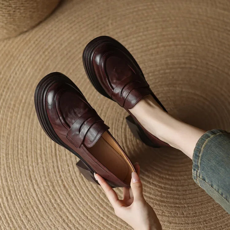 Women Chunky Heel Genuine Leather Wedge Shoes Woman Platform Pumps Female High Heel Zapatos Mujer Handmade thick sole Loafers