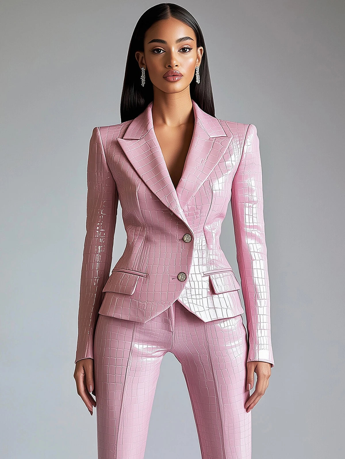 Women Luxurious Alligator Pattern Pu Leather Suit Blazer Pink Single-Breasted Lapel Long Sleeve Slim High Street Business Jacket