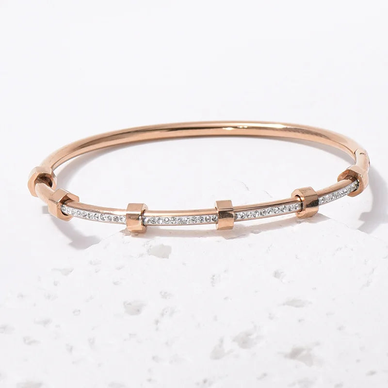 Trendy Round Cubic Zirconia Bangles For Women Men Gold Color Silver Color Stainless Steel Crystal Bangle Party Jewelry