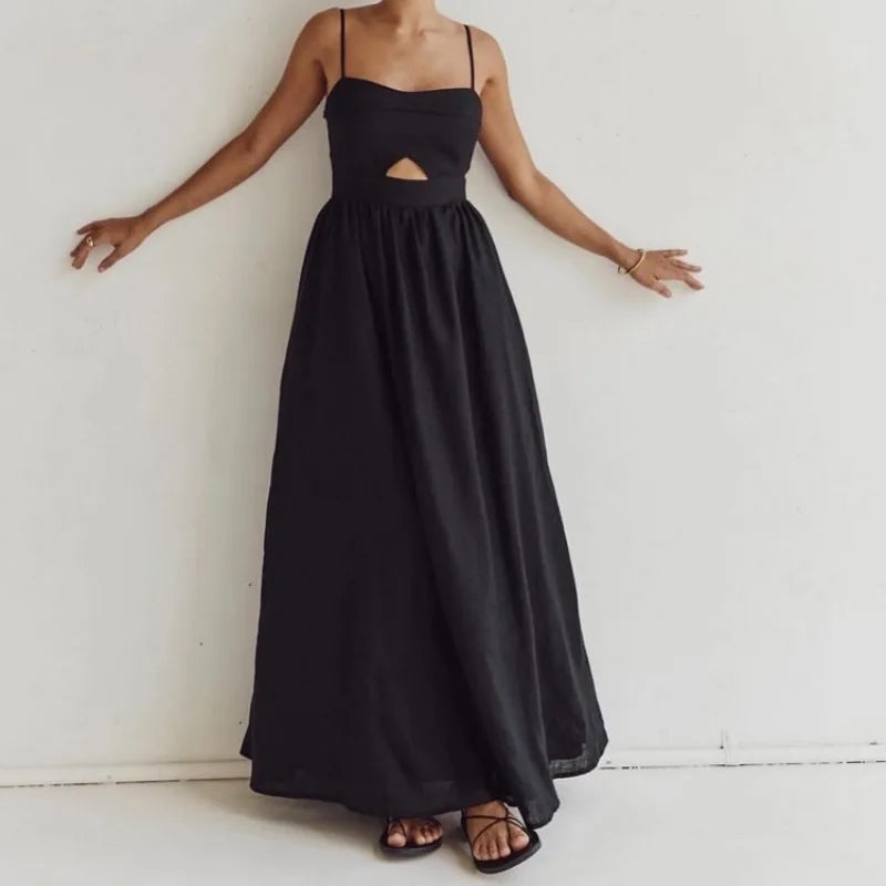 Sexy Black Corset Vacation Party Dress for Women Autumn Elegant Strap Backless Hollow Out Slit Cotton Holiday Long Dress
