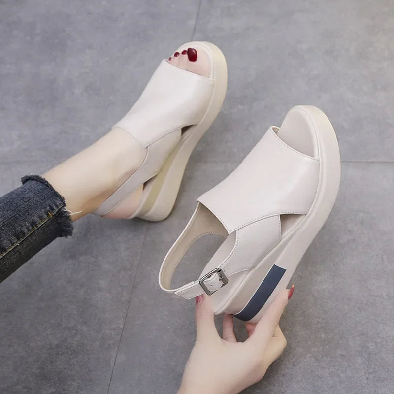 Summer Wedge Shoes for Women Sandals Solid Color Open Toe High Heels Casual Ladies Buckle Strap Fashion Female Sandalias Mujer