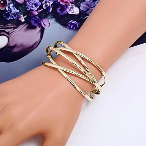 Vintage Gold Plated Hyperbolic Cuff Bangle Layered Wide Wire Statement Bracelet Bold Gift for Women