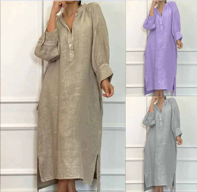 Fashion Cotton Linen Long-sleeved Loose Women's Dresses New Autumn Collection Casual Simple Pocket Elegant Female Slit Dress2025